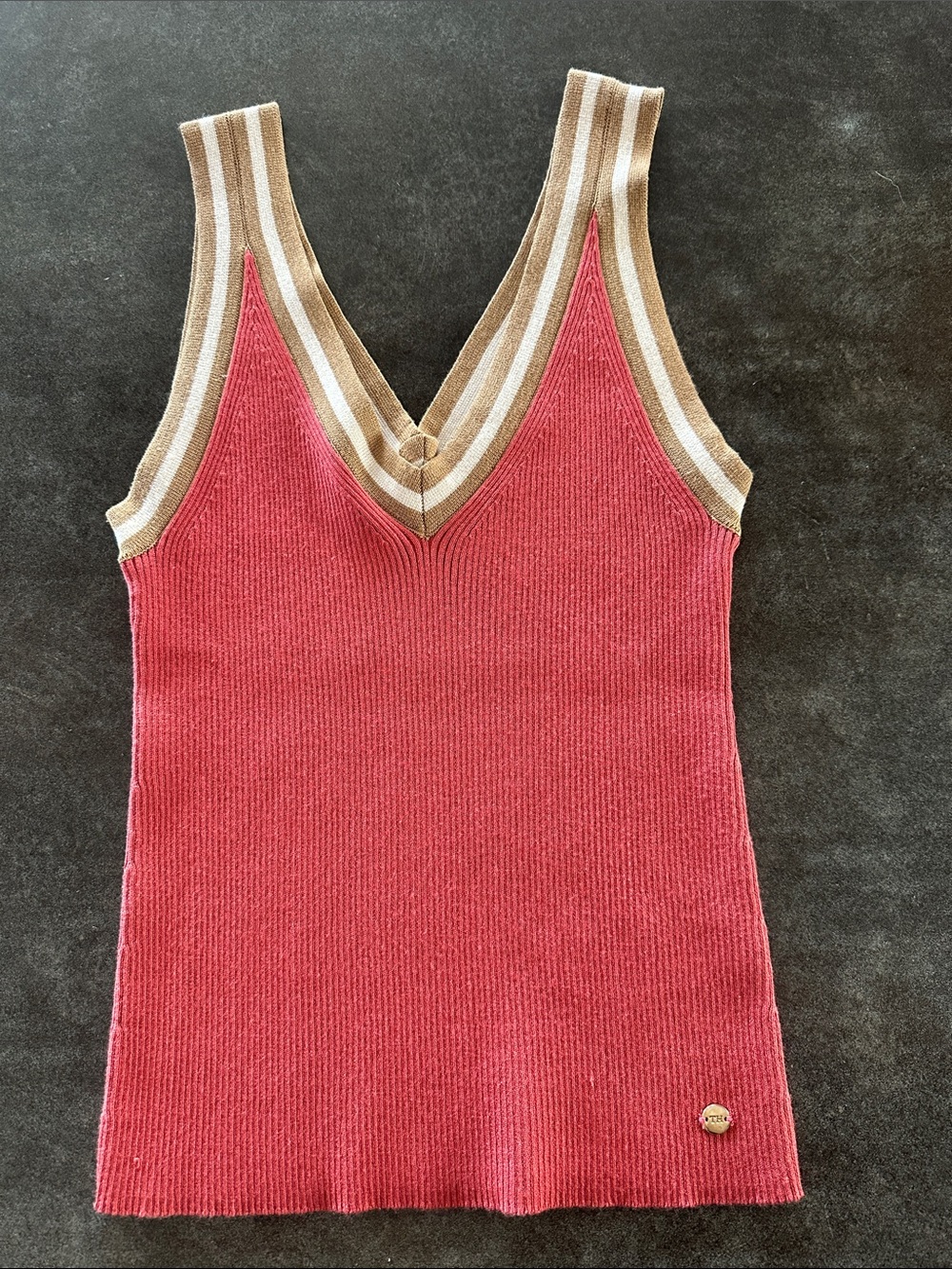 Tommy Hilfiger Ribbed V-Neck Tank in Rose with Tan & Cream Trim